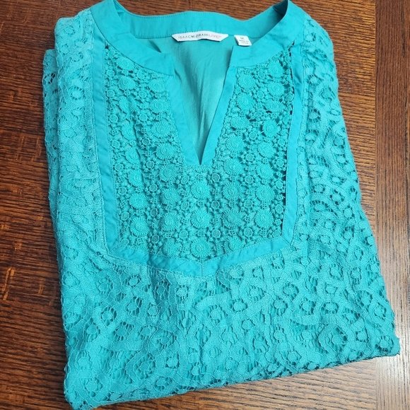 Isaac Mizrahi Live Cap Sleeve Top Women 1X teal torquise Boho lace overlay - Picture 11 of 11